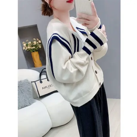 设计感软糯拼色V领针织开衫女2023年秋冬新款韩版外搭上衣短外套图片