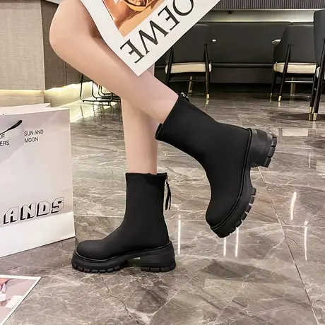 弹力瘦瘦靴短靴女方跟圆头秋冬新款真皮厚底小个子增高短筒时装靴商品大图