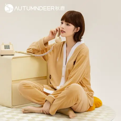 秋鹿珊瑚绒睡衣女冬季开衫长袖长裤2023新款秋冬海岛绒家居服套装图片