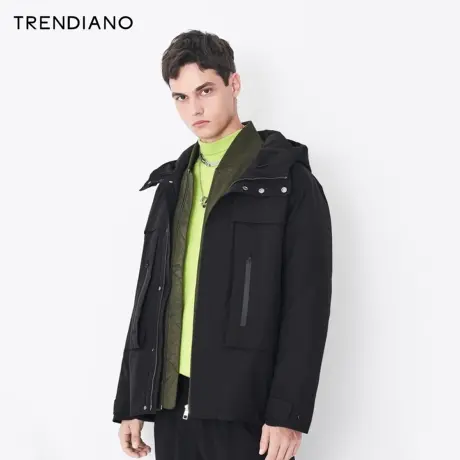 TRENDIANO官方新款秋冬立体口袋棉衣连帽棉服外套男士黑色棉衣图片