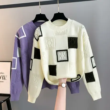 针织衫女2023新款秋冬撞色上衣宽松慵懒风格子毛衣高级感打底衫潮图片