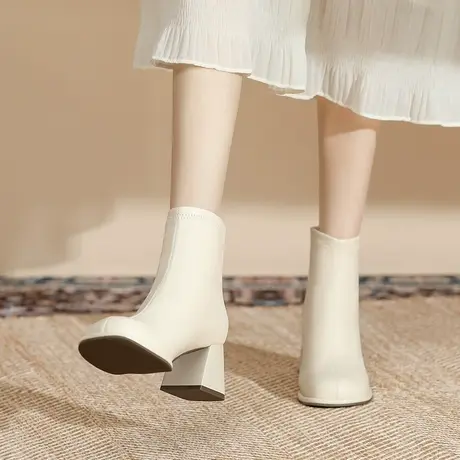 高跟短靴女2023年新款秋冬季加绒显瘦气质圆头粗跟短靴法式瘦瘦靴商品大图