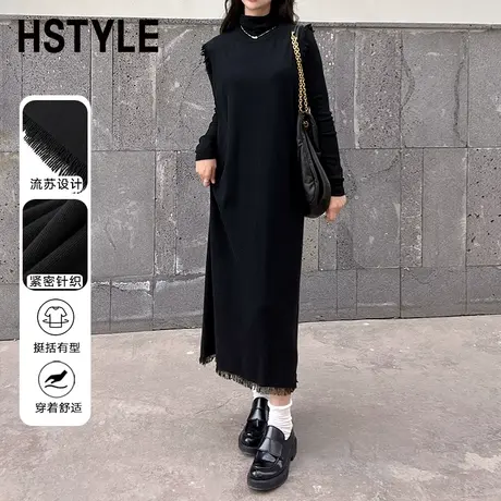 韩都衣舍2023秋新款女装黑色流苏连衣裙中长款直筒背心裙NFD1007图片