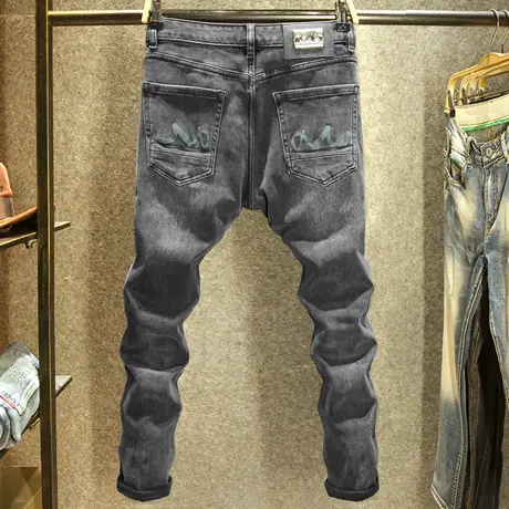 黑灰色潮牌刺绣男士牛仔裤修身小脚裤秋冬款潮流时尚百搭裤子男厚商品大图