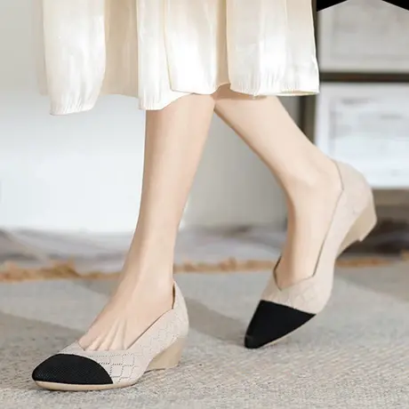 坡跟渔夫王妃鞋女2023年夏季新款百搭尖头浅口针织小香风中跟单鞋商品大图