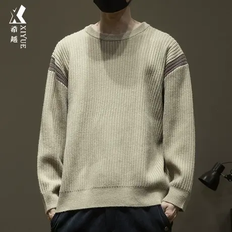 希越7针撞色美式针织毛衣男士秋冬季日系慵懒感宽松内搭打底线衣商品大图
