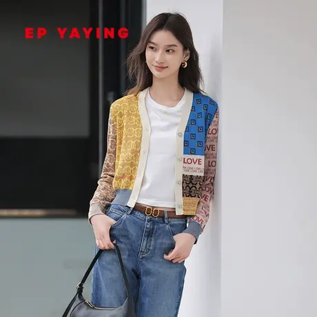 EP YAYING雅莹女装 复古老花撞色V领针织开衫 春装商场同款9150A图片