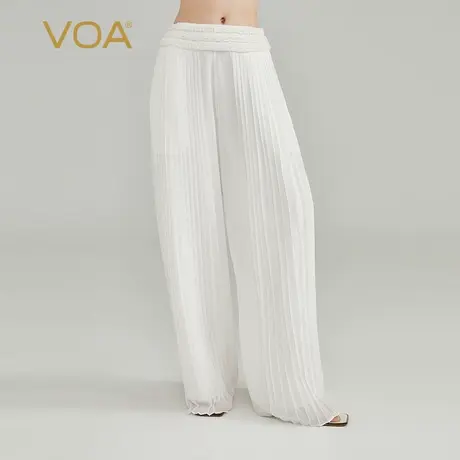 VOA桑蚕丝茶白乔其木耳花腰边设计自然腰斜插口袋休闲百搭阔腿裤图片