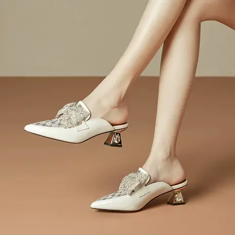 蝴蝶结包头穆勒拖时尚外穿粗跟半拖鞋女夏季新款真皮高跟尖头凉拖商品大图