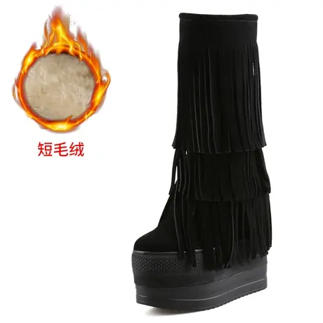 厚底内增高中筒靴15CM拉链不过膝真皮个性三层时尚流苏棉靴子二棉商品大图