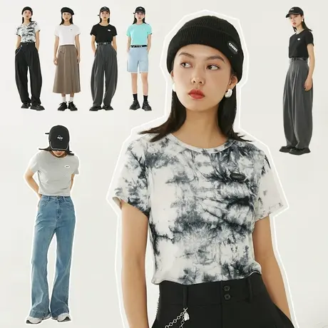 omont蛋挞家 复古简约修身短款扎染t恤女短袖设计感薄款上衣夏季商品大图