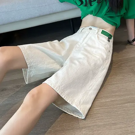 白色提花牛仔短裤女夏季薄款高腰宽松显瘦a字设计感阔腿五分中裤商品大图