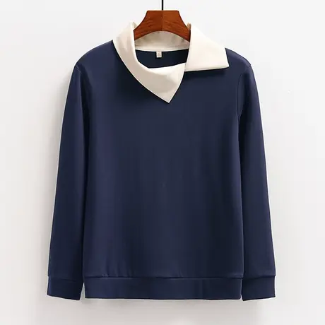 撞色翻领长袖卫衣中年妈妈春秋洋气设计感T恤不对称女商品大图