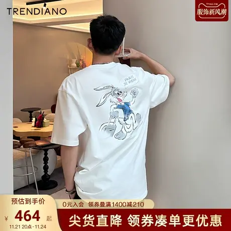 【兔子印花】TRENDIANO轻奢纯棉T恤2023夏款纯色短袖上衣宽松潮牌商品大图