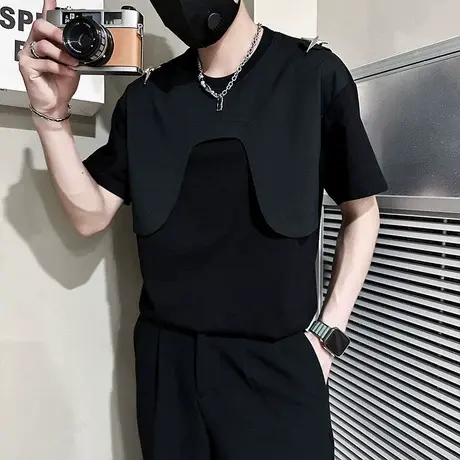 短袖t恤男夏季新款小众拼接设计假两件半袖上衣潮男痞帅夜店体恤商品大图