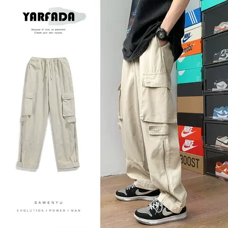 侧边拉链大口袋宽松工装裤男春季运动潮流长裤ins港风纯色休闲裤商品大图