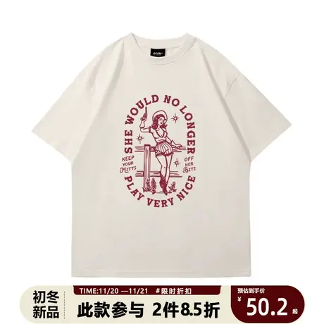 男装夏季新款体恤男美式高街牛仔女郎印花短袖透气宽松男休闲T恤商品大图