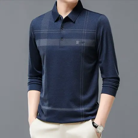 秋季商务休闲长袖t恤男士青年爸爸装翻领polo衫条纹印花宽松上衣商品大图