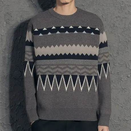 奕飏日系复古民族风提花圆领毛衣男厚款韩版潮流休闲套头针织衫男图片