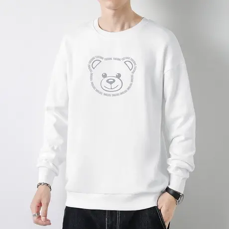 2023新款小熊卫衣男潮ins春秋款宽松圆领无帽上衣加绒白色长袖t恤商品大图