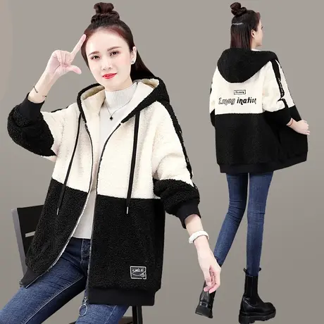 羊羔绒加厚加绒外套女秋冬2023年新款时髦宽松连帽卫衣毛茸茸夹克图片
