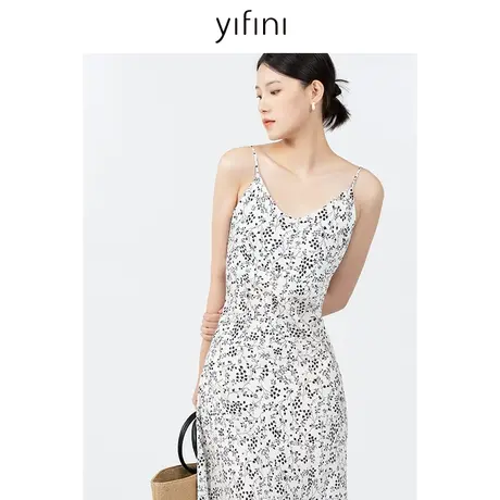 Yifini/易菲桑蚕丝真丝吊带印花收腰显瘦气质连衣裙女秋新款图片