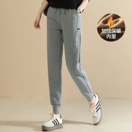 韩潮袭人松紧腰刺绣加绒休闲运动裤女2023冬季新款宽松灰色卫裤厚图片