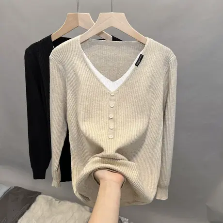 假两件针织衫女套头毛衣2023年早春装新款女装设计感内搭打底衫商品大图