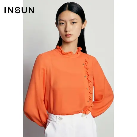 INSUN恩裳线上专选秋季木耳领褶皱拼接灯笼袖衬衫商品大图