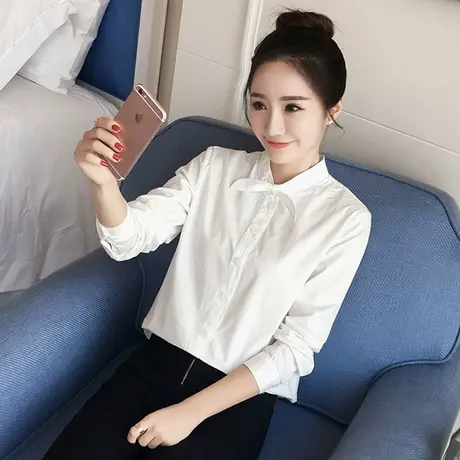 2020春秋新款日系长袖学生纯白色棉衬衫女韩版学生立领蝴蝶结上衣商品大图