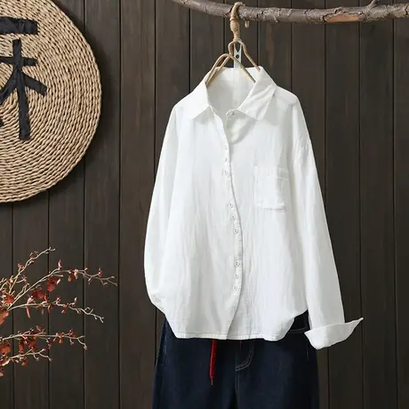 枫谜2023年春季新款弧形门襟复古棉纱长袖翻领纯色百搭衬衫上衣图片