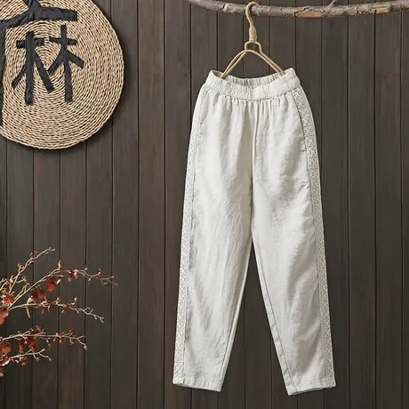 枫谜2023春季新款文艺复古花边贴布亚麻纯色松紧腰百搭休闲哈伦裤图片