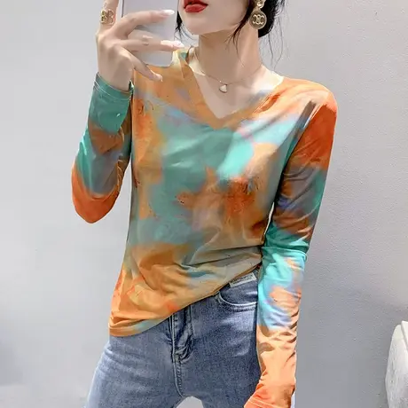 时尚印花网纱防晒衫女长袖2024夏装新款洋气V领T恤修身百搭上衣潮图片