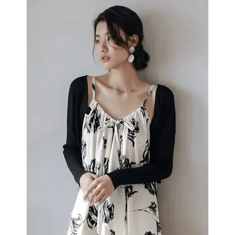 弥古法式小坎肩黑色针织小开衫薄款防晒披肩女夏季罩衫吊带裙外搭商品大图