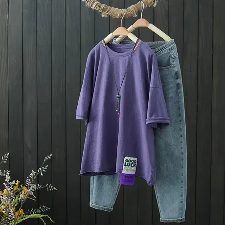 文艺贴布全棉落肩短袖t恤夏季新款女装宽松休闲百搭上衣圆领体恤商品大图