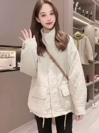 轻薄款棉服外套女欧货立领菱格夹克2023秋冬新款宽松显瘦短款上衣图片