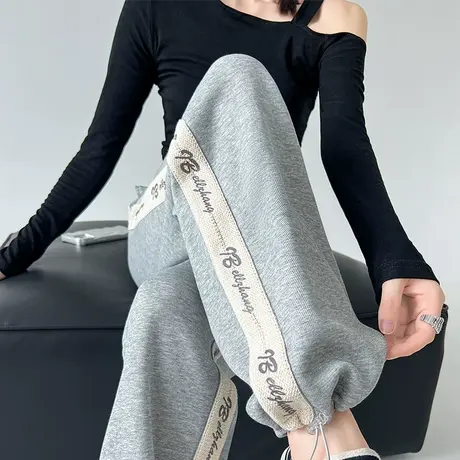 美式抽绳束脚运动裤女春秋新款高腰直筒显瘦宽松卫裤休闲阔腿裤子商品大图