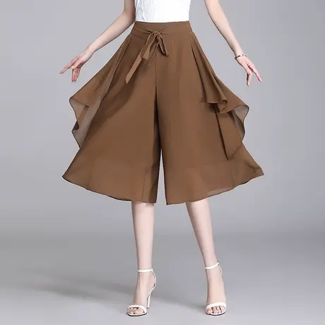 2023夏季新款小格子防晒雪纺不规则裙裤女高腰显瘦大码薄款阔腿裤图片