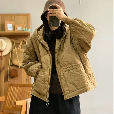 dza 复古几何图案纯色连帽棉服外套女冬保暖棉服上衣宽松短款棉袄图片