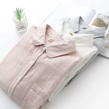 2020春秋新款日系文艺清新双层棉纱娃娃领白色衬衫女长袖百搭衬衣图片