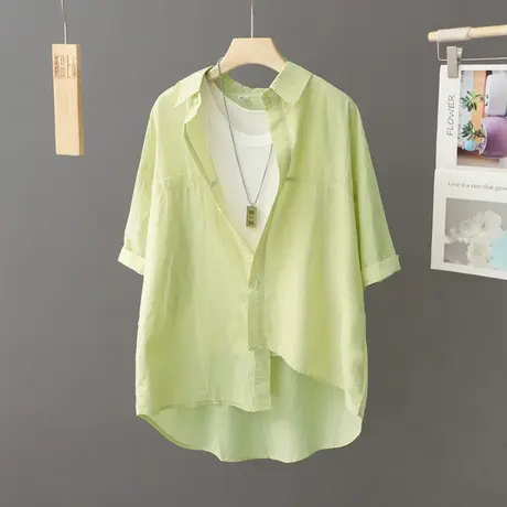 浅绿色纯棉薄衬衫女短袖宽松中长款不规则下摆衬衣设计感小众上衣商品大图