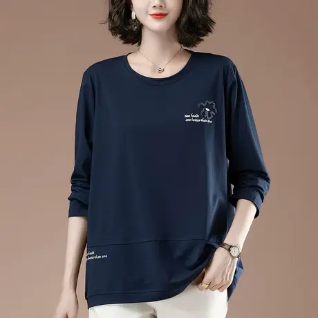加肥加大码长袖t恤女春秋新款宽松中年妈妈纯棉刺绣遮肚子打底衫商品大图