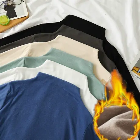 德绒黑色半高领打底衫女秋冬季2022新款加绒加厚内搭保暖长袖t恤商品大图