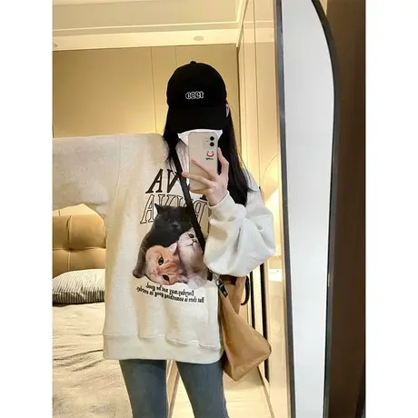 奶fufu卫衣女秋新款小猫咪卡通设计感薄款外套大码宽松上衣潮ins图片
