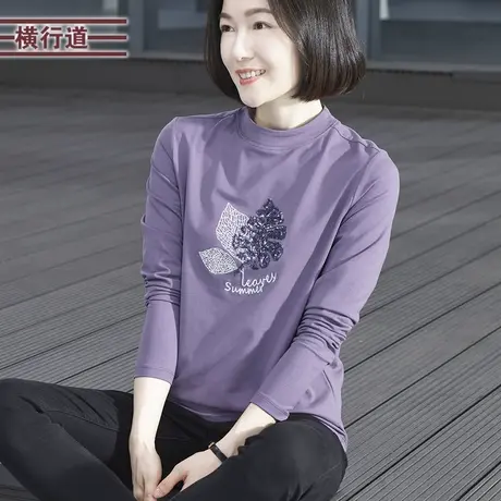 2025新款春季纯色半高领打底衫女宽松大码妈妈长袖T恤女绣花上衣商品大图