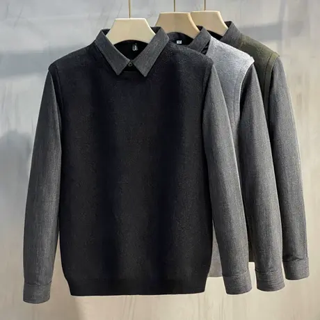 假两件毛衣男2023秋冬新款衬衫领加绒加厚针织衫韩版潮流毛线衣商品大图