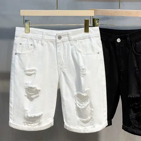 纯棉破洞牛仔短裤子男休闲百搭直筒宽松五分中裤夏季帅气裤子薄款图片