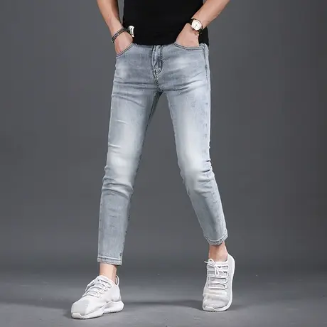 夏季薄款九分牛仔裤男修身小脚裤浅蓝色弹力休闲男士裤子9分夏天商品大图