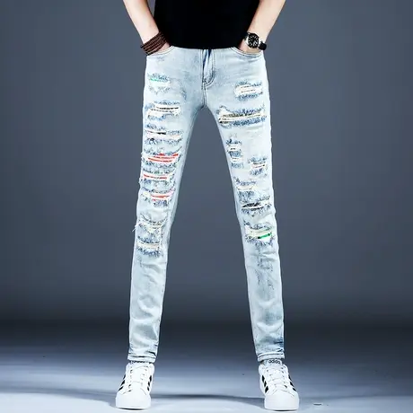 秋冬新款破洞补丁牛仔裤男款小脚修身美式高街做旧复古裤子男潮流商品大图