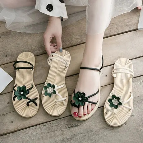 波西米亚拖鞋女夏时尚外穿平底一字拖花朵凉拖鞋两穿防滑沙滩女鞋图片